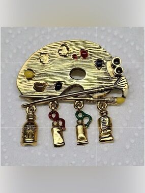 Vintage Danecraft Artist Palette Gold Tone Enamel Paint Dangle Charms Brooch